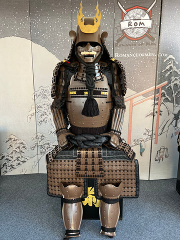 Brown Samurai Armor Tosei Gusoku Style Flame Maedate Brown Kabuto Chest Sode and Haidate